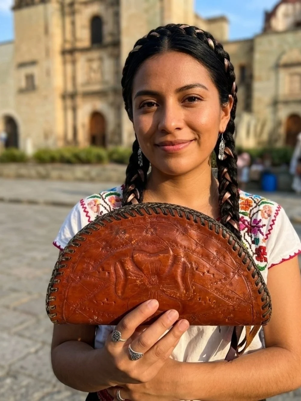 Vintage Mexican Hand-tooled Leather Half-moon Clutch Coin Purse Mid-Century Boho